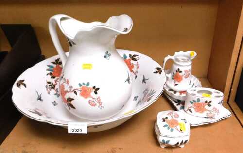 An Old Foley James Kent pottery part wash and dressing table set, comprising a wash jug and bowl,...