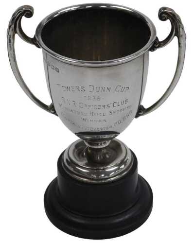 A George VI silver twin handled trophy, presentation engraved "Towers Dunn Cup 1939, RNR...