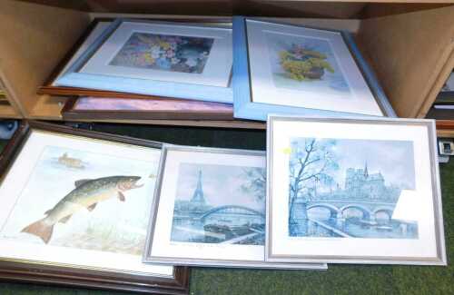Pictures and prints, to include a watercolour of a leaping brown trout, floral still lives,...