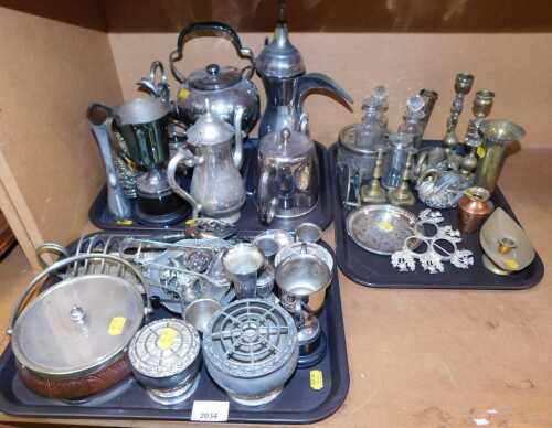 Brass and plated wares, to include a silver plated teapot on stand, trophies, brass candlesticks,...