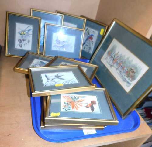 Embroidered silk Cash's bird pictures, to include a Blue Jay, Baltimore Oriole, Mallard,...