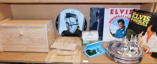 Miscellaneous household items, including Elvis Presley Collection LPs, metalware, darts, pine...