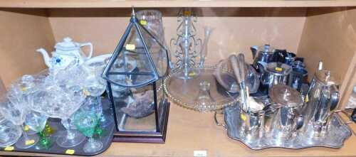 Glass and plated wares, to include crystal wine glasses, a terrarium, bonbon bowls, a part Adams...