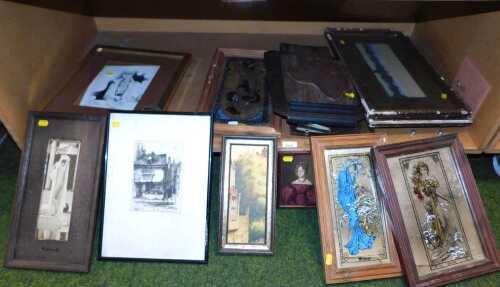 Pictures and mirrors, to include after Alphonse Mucha, Winter, Spring, and Summer, printed...