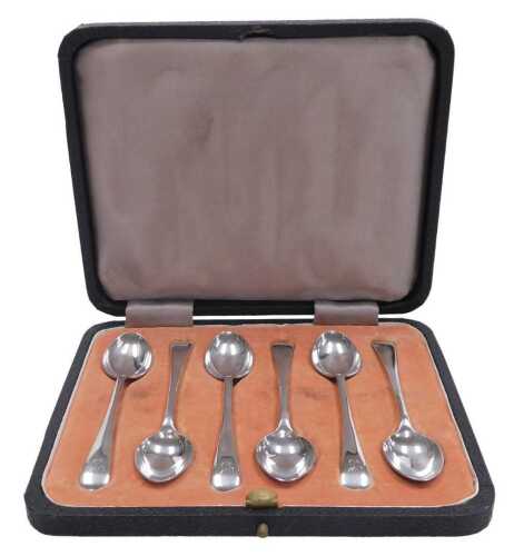 A set of six George VI silver Old English pattern coffee spoons, initial engraved, cased,...