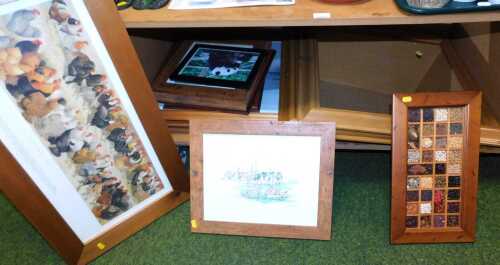 A pair of square pine framed mirrors, 62cm high, together with pictures and prints, after AF...