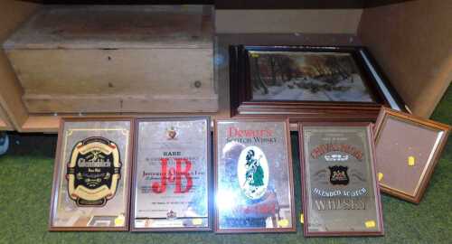A pine chest, 22cm high, 58cm width, 40.5cm deep, together with whisky promotional mirrors,...