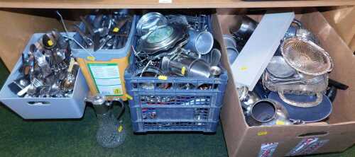 Plated and stainless steel wares, to include flatware, tankards, candlesticks, a moulded glass...