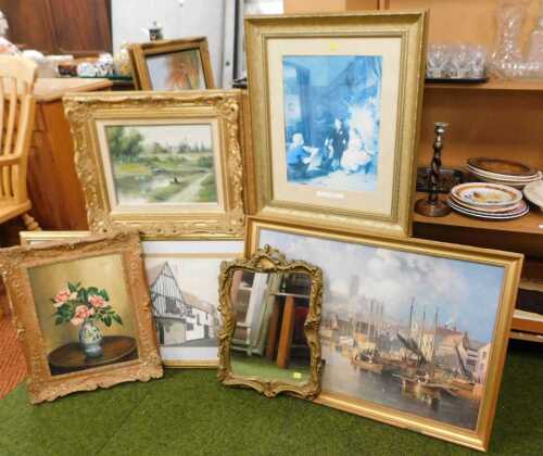 Pictures and prints, to include after I.W. Carmichael, The Brayford Pool and Lincoln Cathedral,...