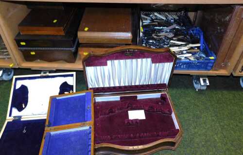 Plated and stainless steel wares, including trays, flatware, nine empty wooden canteens and two...