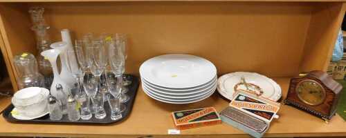 Ceramics and glass, to include champagne flutes, white glaze dinner bowls, an oak mantel clock...