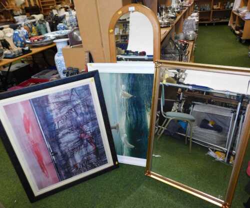 Mirrors and prints, to include a gilt wooden framed example, 94cm high, 63cm wide, and after J...