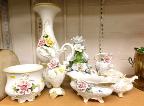 Continental floral encrusted ceramics, to include a Bassano floral ceramic centrepiece, together...