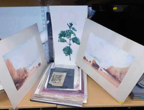 A folder containing 19thC fashion prints, watercolours depicting Venetian canal scenes, wooded...