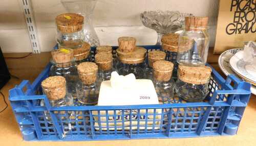Glassware, comprising jars with cork stoppers, moulded glass vase and bonbon bowl, and a Lurpak...
