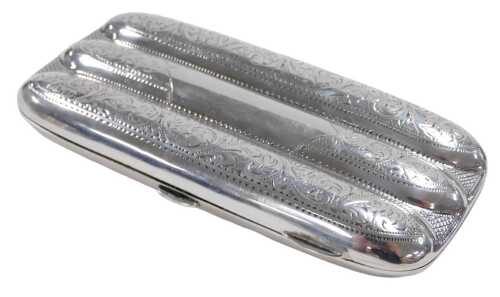 A George V silver cigar case, for three cigars, with engraved foliate decoration, central vacant...
