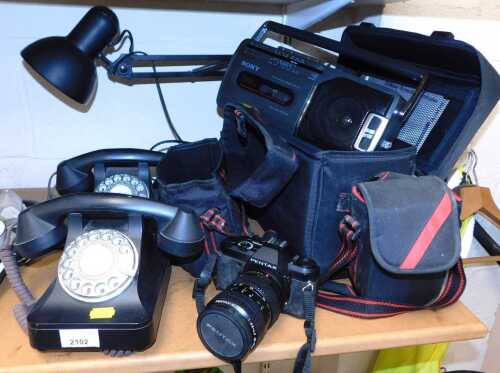A Pentax camera, P30N, in a Cobra case, together with a Sony tape player, two rotary telephones,...