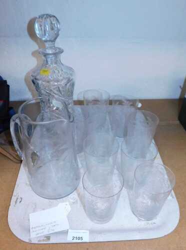 A Victorian etched glass water set, decorated with palm trees and flowers, comprised of nine...