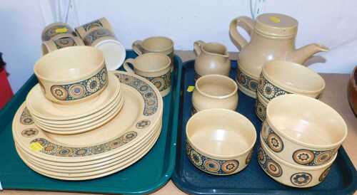 A group of 1970s Kiln Craft Bacchus pattern part tea and dinner wares, comprising soup bowls,...