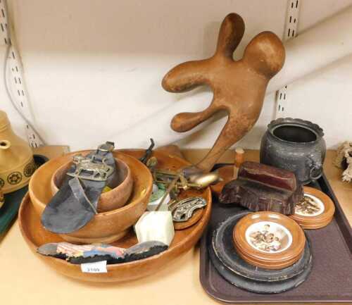 Treen and metalwares, to include a pine abstract figural sculpture, 40cm high, a carved floral...