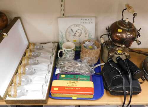 A Victorian style copper kettle, with stand and stone base, an unused Taylor's Flexoplast doctor'...