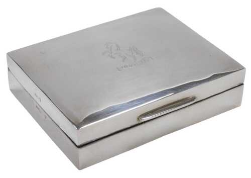 An Elizabeth II silver cigarette case, the lid engraved with the Aveling Barford Invicta horse,...