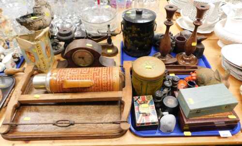 Wooden items and bygones, to include a pair of turned oak candlesticks, 30cm high, an Asian...