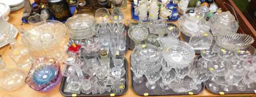 Glassware, to include decanters, jugs, a blue graduating to pink glass bowl in the form of a...