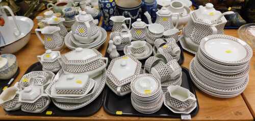 An Adams ironstone Sharon pattern dinner, tea and coffee service, including a soup tureen and...