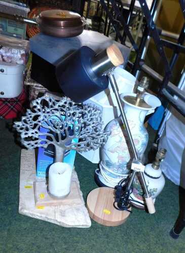 A stainless steel and wood Anglepoise type lamp, with a black opaque glass shade, a converted...