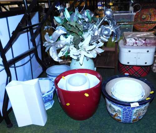 Ceramic plant pots, including Chinese blue and white examples, a Turkish plant pot depicting...