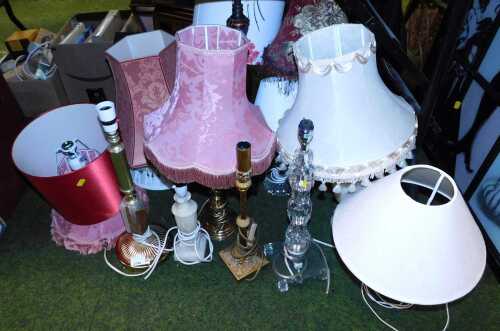 Table lamps, including examples in brass, green resin with crackle design, crystal, white onyx,...