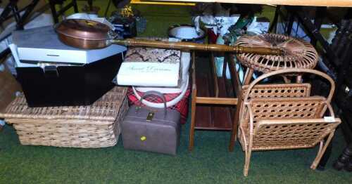 A woven wicker basket, together with household items, to include a wicker side table, copper bed...
