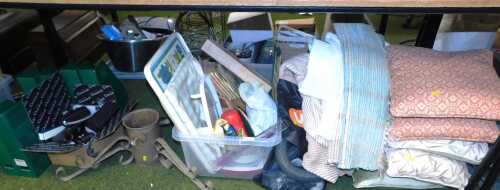 A Christmas tree stand, together with miscellaneous household items, to include cushions,...