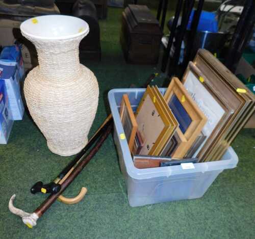 A box of unused and used picture frames, including wooden gilt examples, together with a vase...