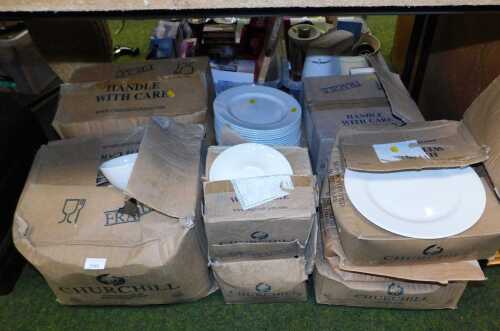 Churchill white ceramic dinner wares, to include 11" dinner plates, tea saucers, coffee mugs, 12....