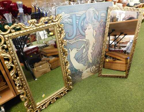 Picture and mirrors, comprising after Alphonse Mucha, Job, print on board, 81.5cm high, 62cm...