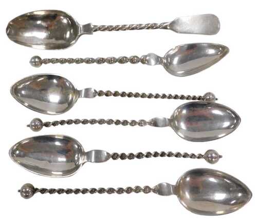 A set of five coffee spoons, with spiral twists, shafts, and ball terminals, white metal stamped...