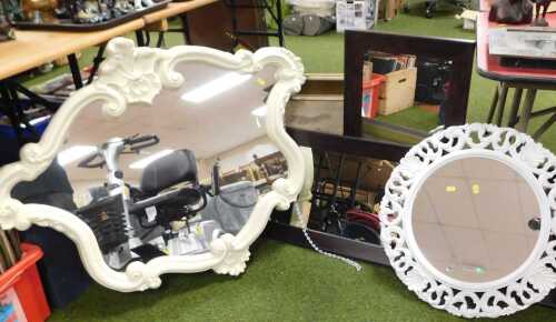 Modern mirrors and print, to include a painted white circular mirror, with a leaf designed...