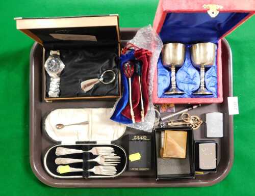 Plated wares, watches and collectibles, including a pair of drinking goblets, with a bark...