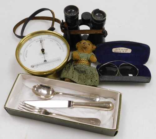 A brass cased aneroid barometer signed S. Shaw Spilsby, 12.5cm diameter, a 20thC Christofle...