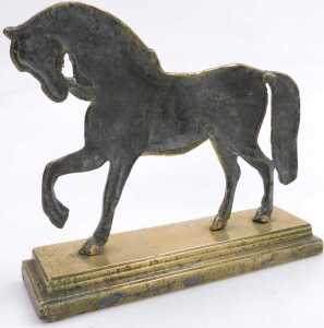 A pair of 19thC brass hearth ornaments, each cast in the form of a horse, on a stepped... - 2