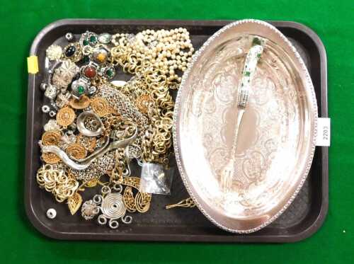 A silver plated dish, together with costume jewellery, a pair of silver filigree bracelets, a...