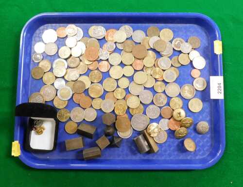 Coinage, examples from the UK, Europe, and USA, McCain Long Service pin badges, military button...