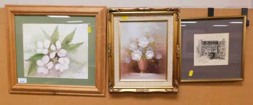 A trio of original pictures, comprising G. Keywood, flowers, signed watercolour, 23cm high, 28cm...