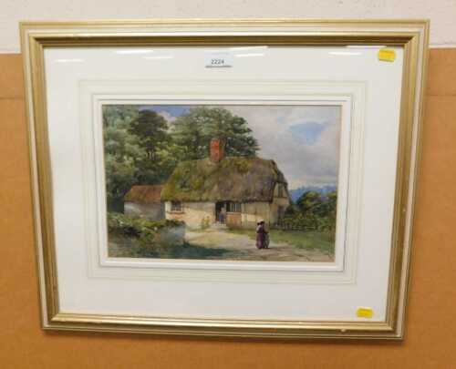 A thatched cottage by woodland with women and children, watercolour, unsigned, 23cm high, 34cm...