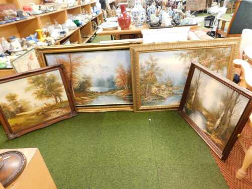 A group of acrylic paintings, A. Stempel, river woodland scene with distant mountains, signed...