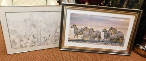 A photographic study depicting horses in water, together with a study of flowers before a castle.