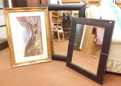 A pair of leatherette mirrors, one from Next, 111cm x 90cm, and 89cm x 68cm, together with a...