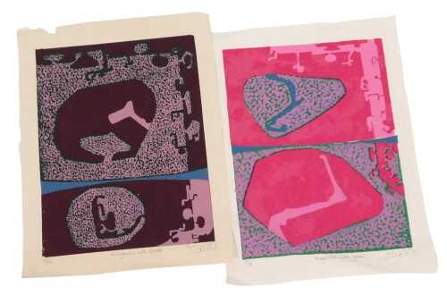 20thC School. Magenta with black, Magenta with Green, pair of limited edition woodblock prints,...